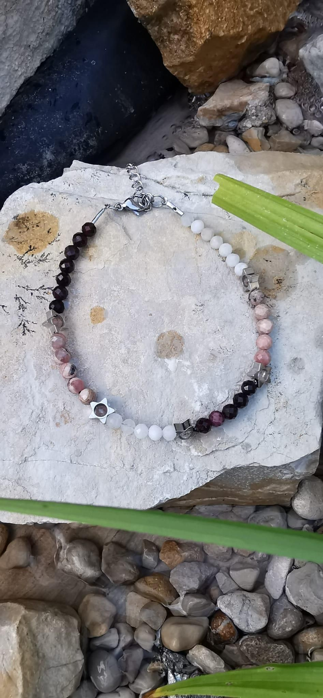 Chaîne de cheville Grenat, Rhodonite et Pierre de Lune 