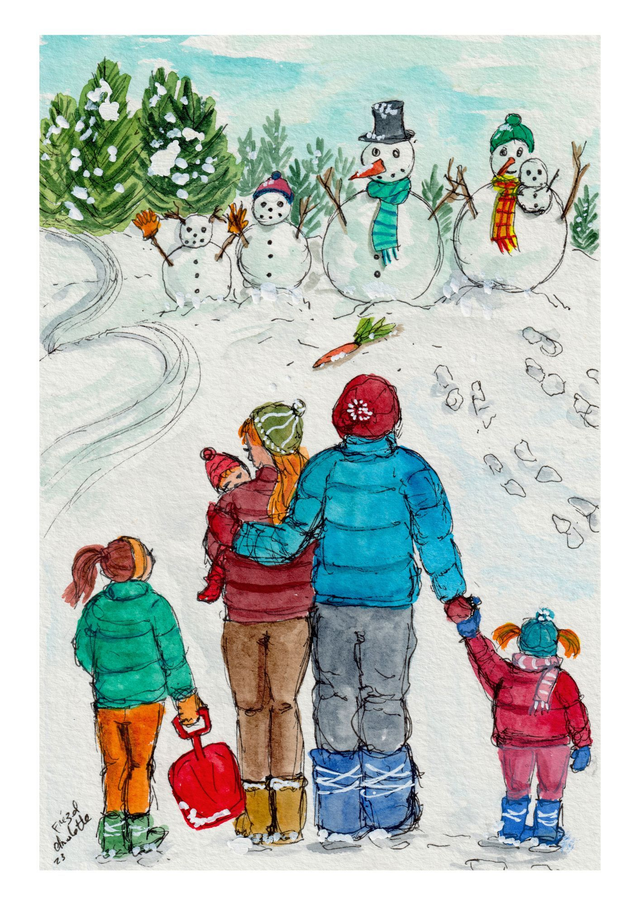 La famille bonhomme de neige - Aquarelle originale 