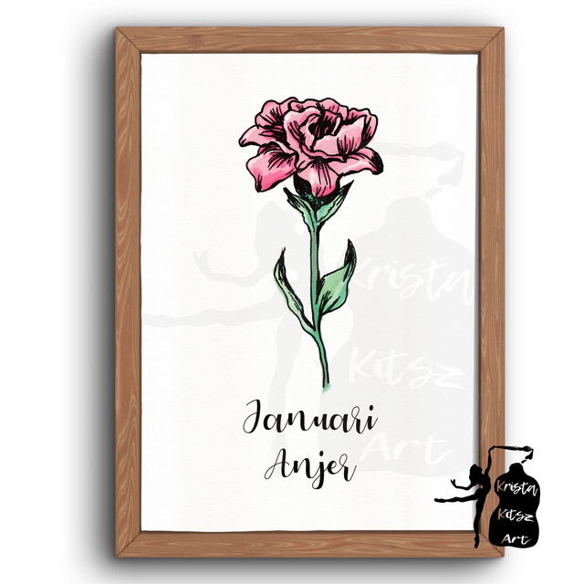 Geboortebloem Januari Anjer in kleur,  luxe kunstprint op fine art papier van originele tekening, met of zonder tekst