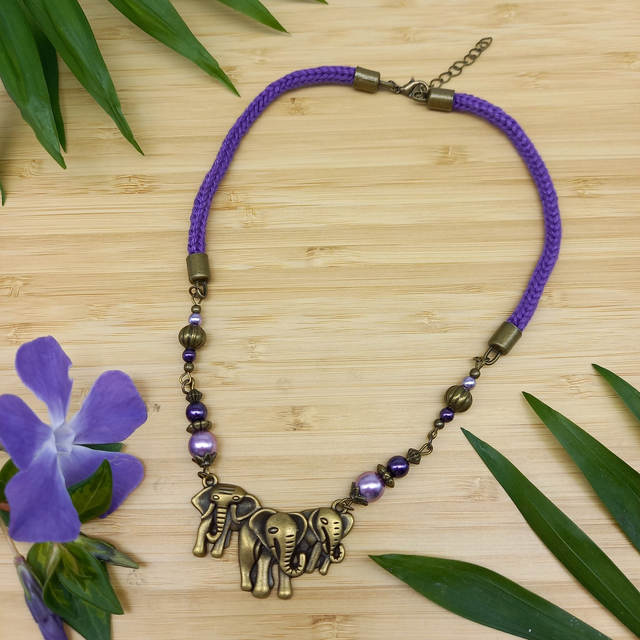 Parure violette et bronze - Collier ras de cou violet - Eléphants