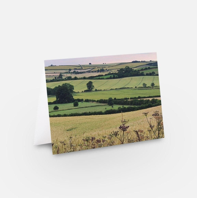 Lincs Wolds Pink sky landscape greeting card