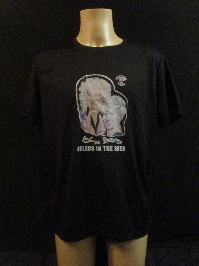 Anita Dobson &amp; Brian May Signed Picture T-Shirt ADULT 100% Polyester Crew Neck BLACK (Large) Top 