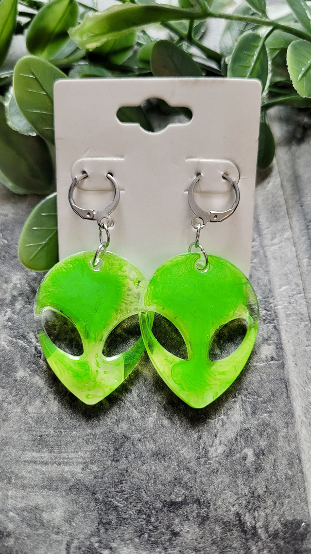 Earrings | Stainless Steel Hoops - Alien Heads | Neon Green Swirl