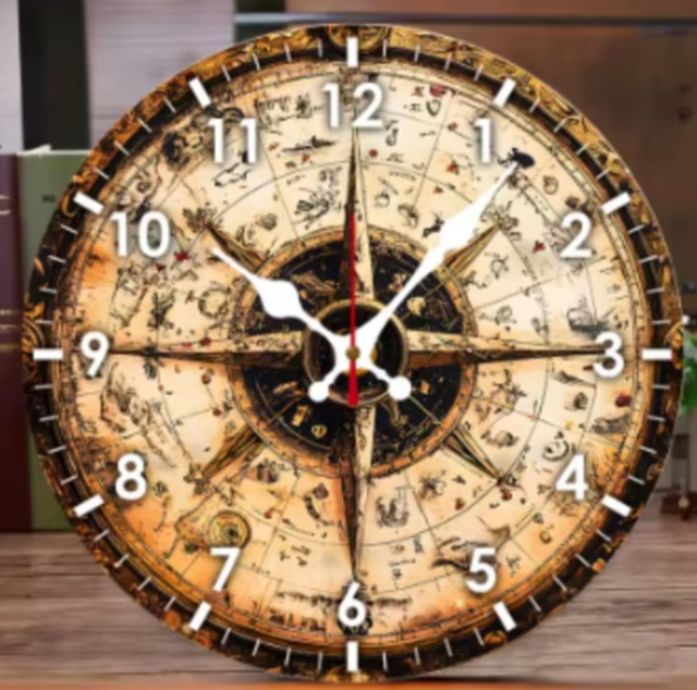 Ronde wandklok van hout Vintage Kompas (25cm)