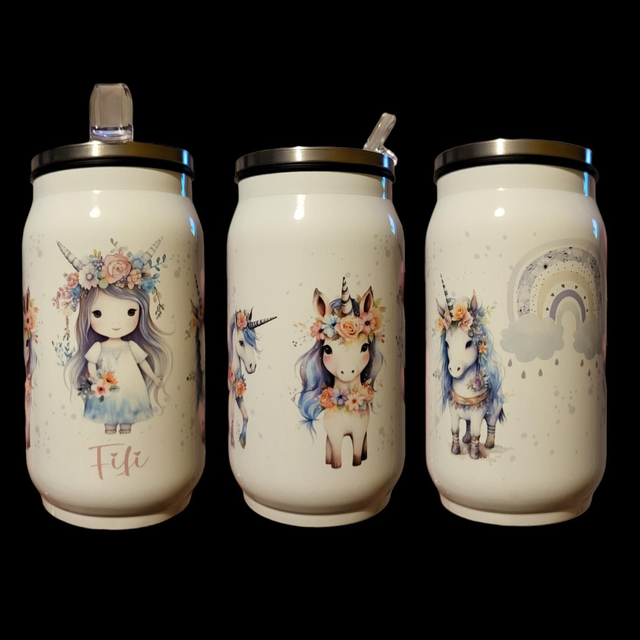 Custom unicorn 'Soda Can' style cup with straw 