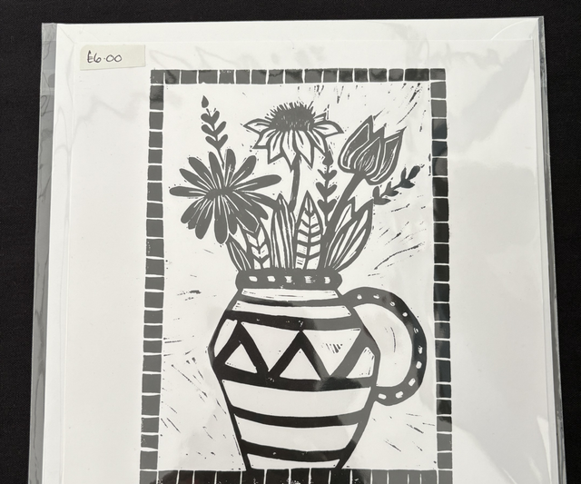 Lino print Flowers in a vase card (black) 