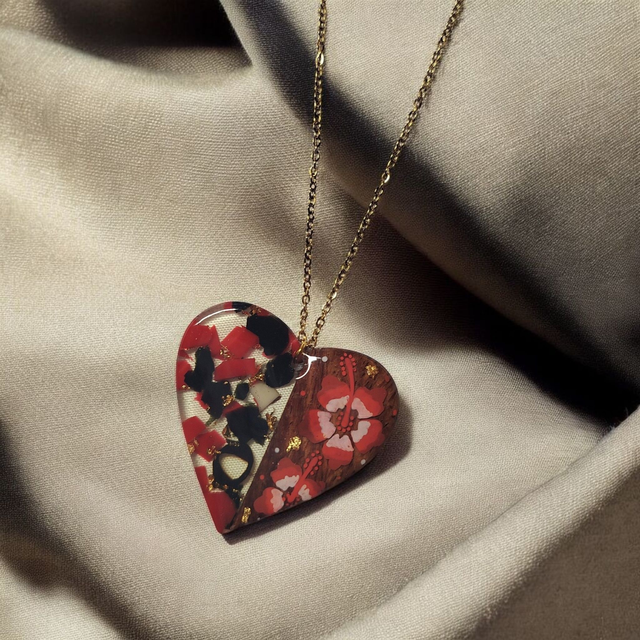 Collier dessiné Flora acier inoxydable rouge noir bi matière