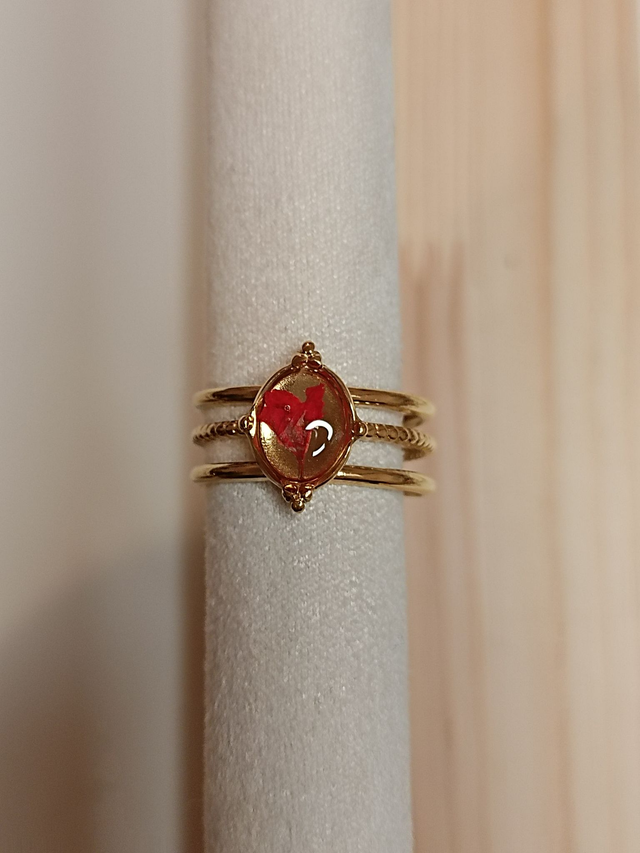 Bague Multirangs Réglable - Fleur rouge - Or