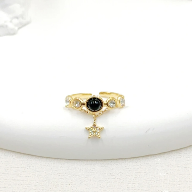 Bague pierre noir double chaîne 