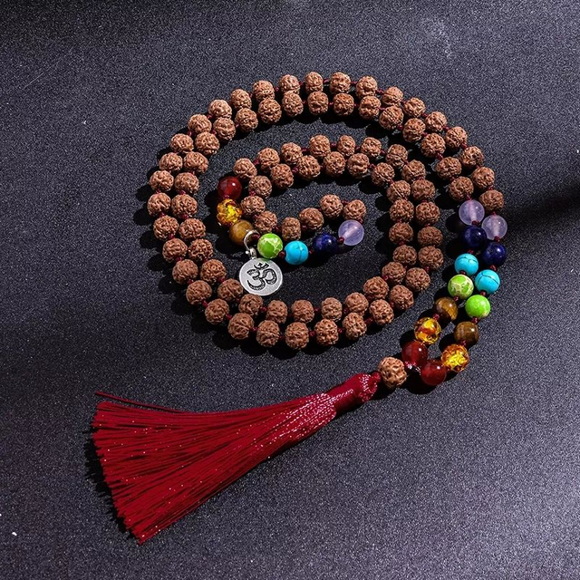 108 Mala Ketting Rudraksha OM Chakra edelsteen met kwastje | Armband Ohm | Rozenkrans Kralenketting