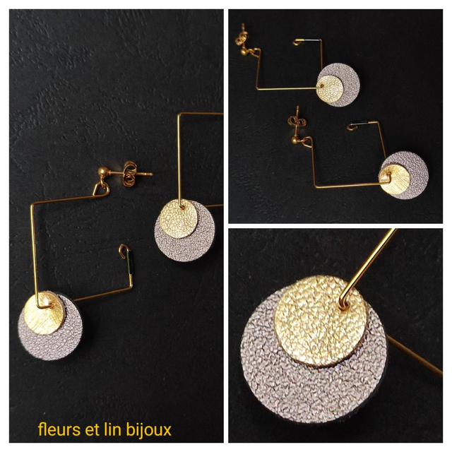 Boucles d&#039;oreilles cuir or et noir monté sur un carré et fermoirs en acier inoxydable doré -sans nickel, pièce unique 