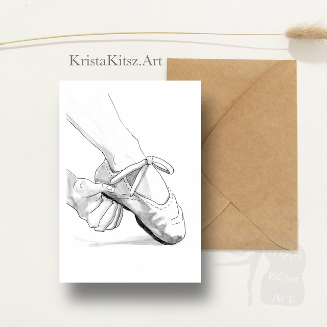 Ansichtkaart Ballet schoentjes nr 2, tekenkunst , inclusief envelop, van originele tekening 