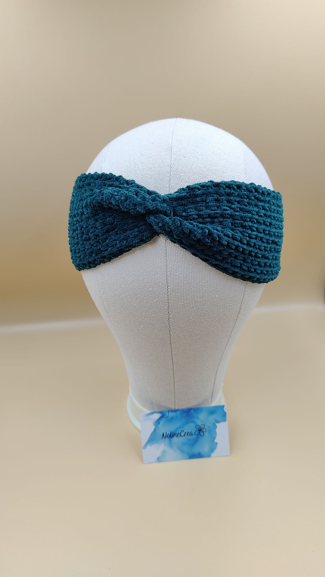 Bandeau de tête fait main en crochet tunisien bleu canard effet velours - Accessoire doux et élégant