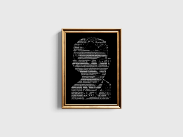 A3 Schreibmaschinen-Porträt Franz Kafka als Kind in Weiß auf Schwarz