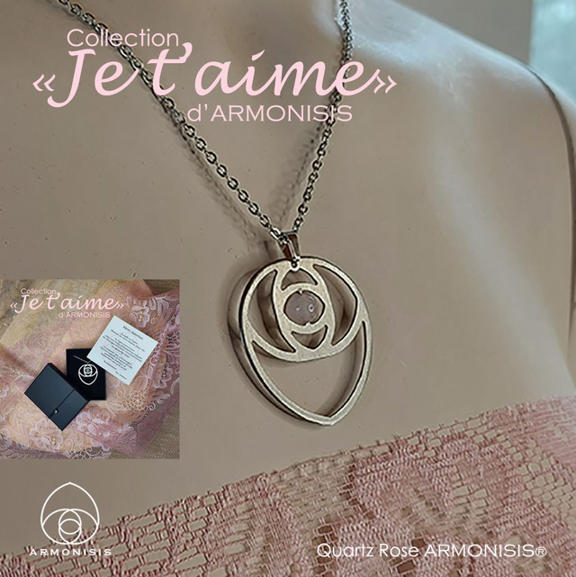 Petit Coeur "Je t'aime" ARMONISIS ® avec sa chaine, pierre naturelle en quartz rose, sa boite à bijou et son mot doux