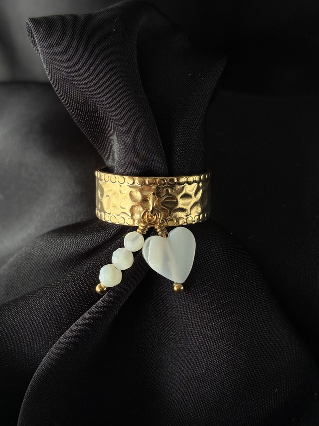 Bague réglable martelée Coeur Nacré Doré