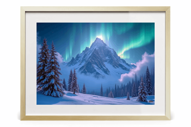 Photo encadrée Aurores Boréales – Tirage d’art qualité musée & décoration murale magique - Pic enneigé
