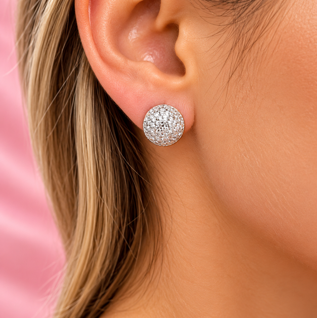 925 Sterling Silver &amp; Diamnond Accent  Dome Shaped Studs 