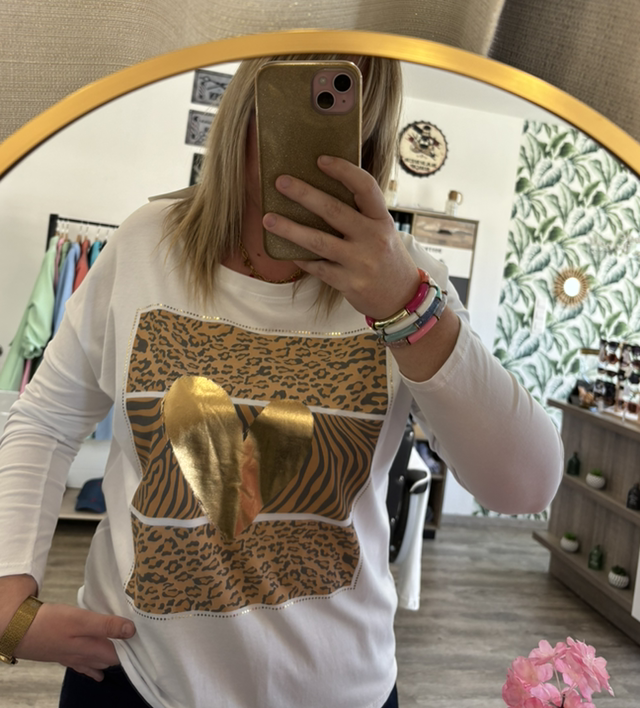 T-shirt blanc manche longue motif léopard