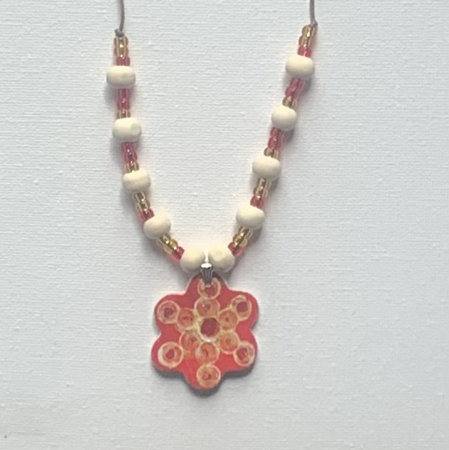 Hand Made Hand Painted Air Dry Clay And Beaded Flower Pendant