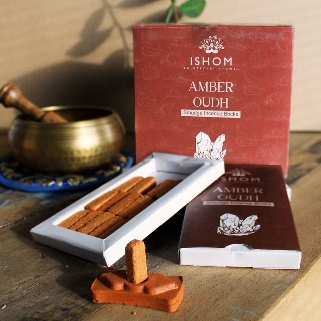 1x Pack of 15 Natural Incense Smudge Bricks and Burner - Amber Wood