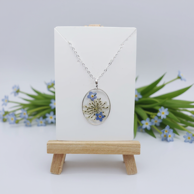 Forget-Me-Not Oval-Shaped Necklace, Sterling Silver-Plated Necklace