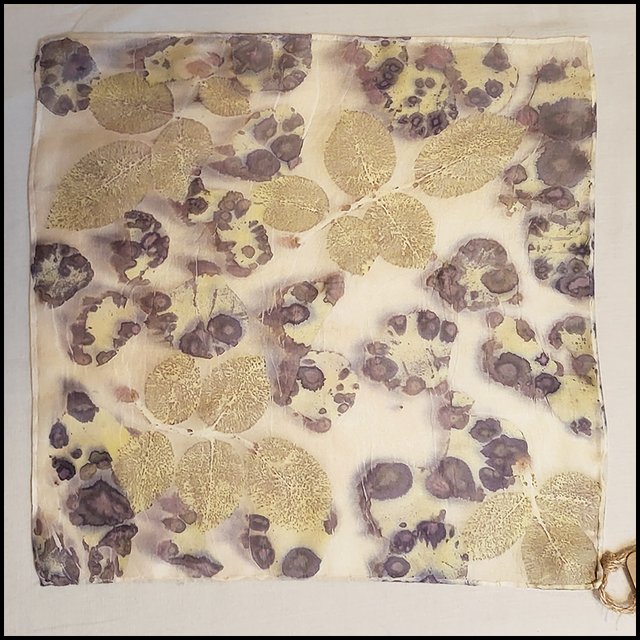 100% Silk Pocket Square - eco-printed with red rose petals and leaves