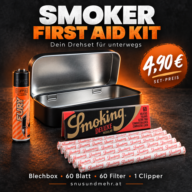 Smoker First Aid Kit – Drehset in der Blechbox mit Papers, Filtern &amp; Clipper