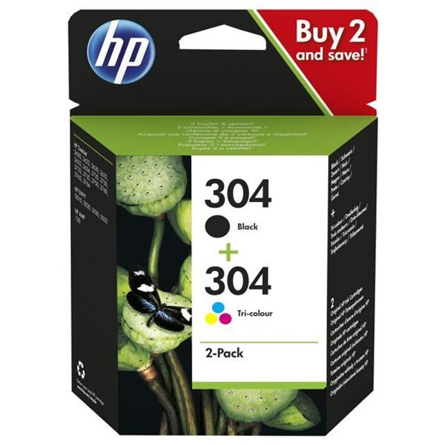 HP 304 2 Pack Tri-colour Black Original Ink Cartridge 3JB05AE