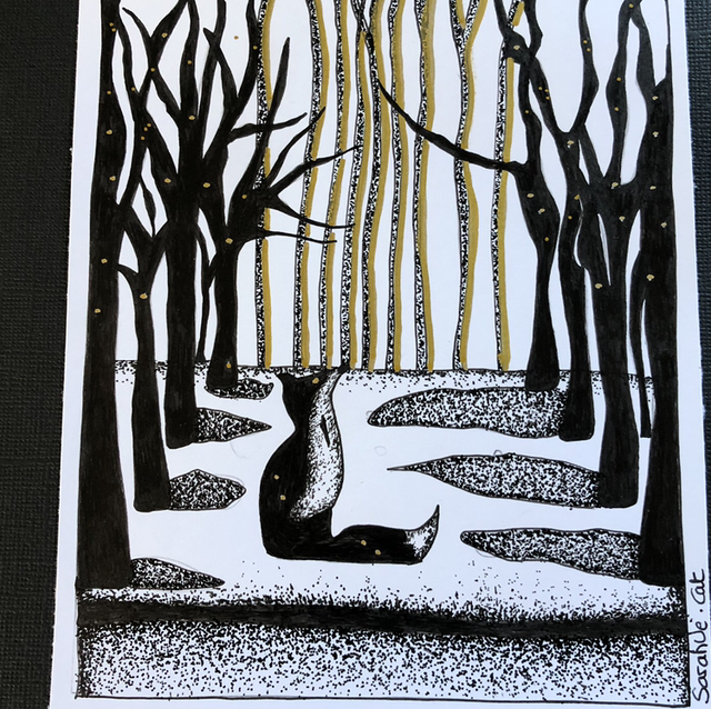 Renard en hiver - 32 x 32 cm - encadrement noir 