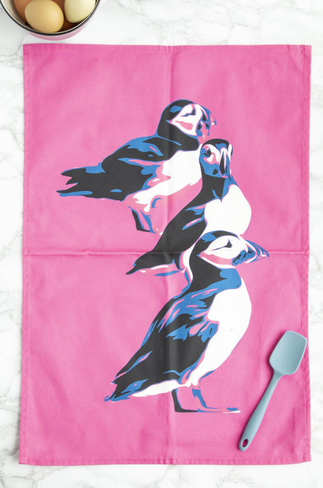 Pink Puffin Tea Towel