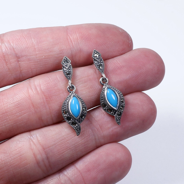 Sterling Silver 925 Art Deco Style Blue Marquise Cut Turquoise Colour Marcasite Navajo Feather Native American Design Drop Dangle Earrings
