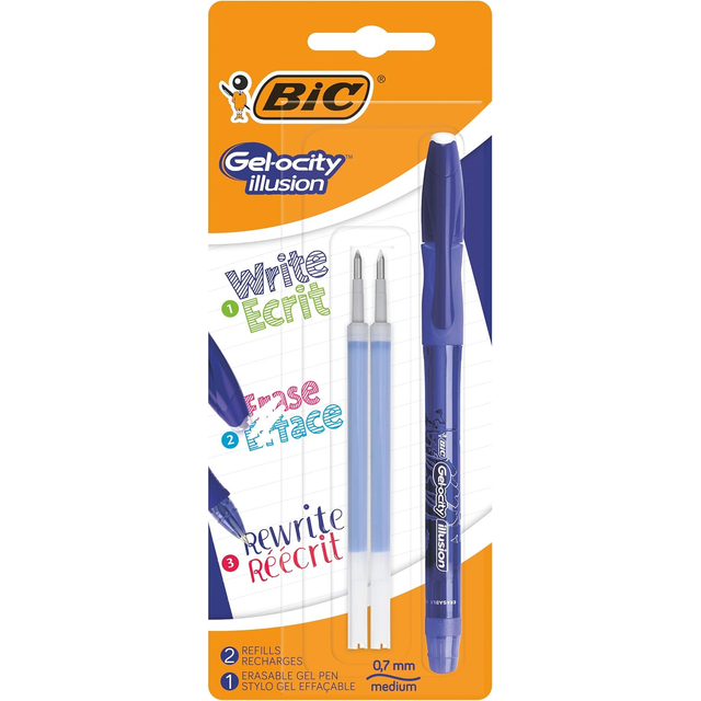 BIC Gel-ocity Illusion - Stylo Gel Effaçable Pointe Moyenne (0,7 mm) - Bleu, Blister de 1 + 2 Recharges