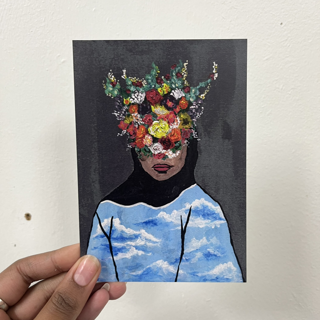 Woman with flowers postcard