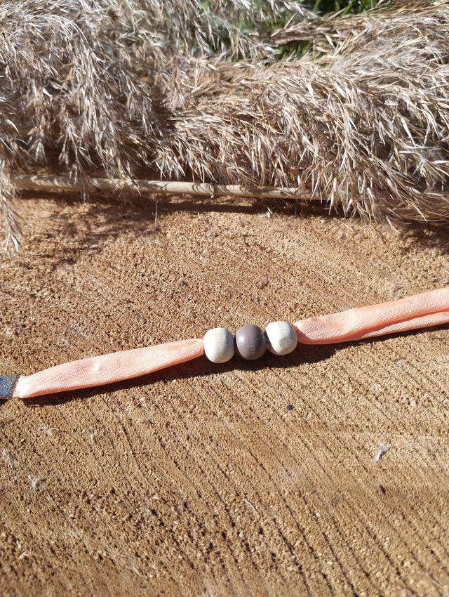 Bracelet large en tissus 3 perles de bois - motif citrouille 3