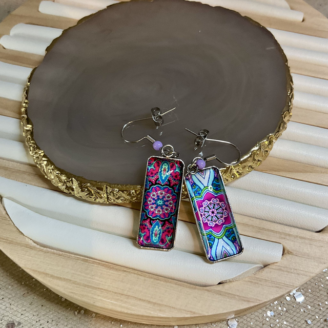 Handmade cabochon earrings. Beautiful asymmetrical mandala design.