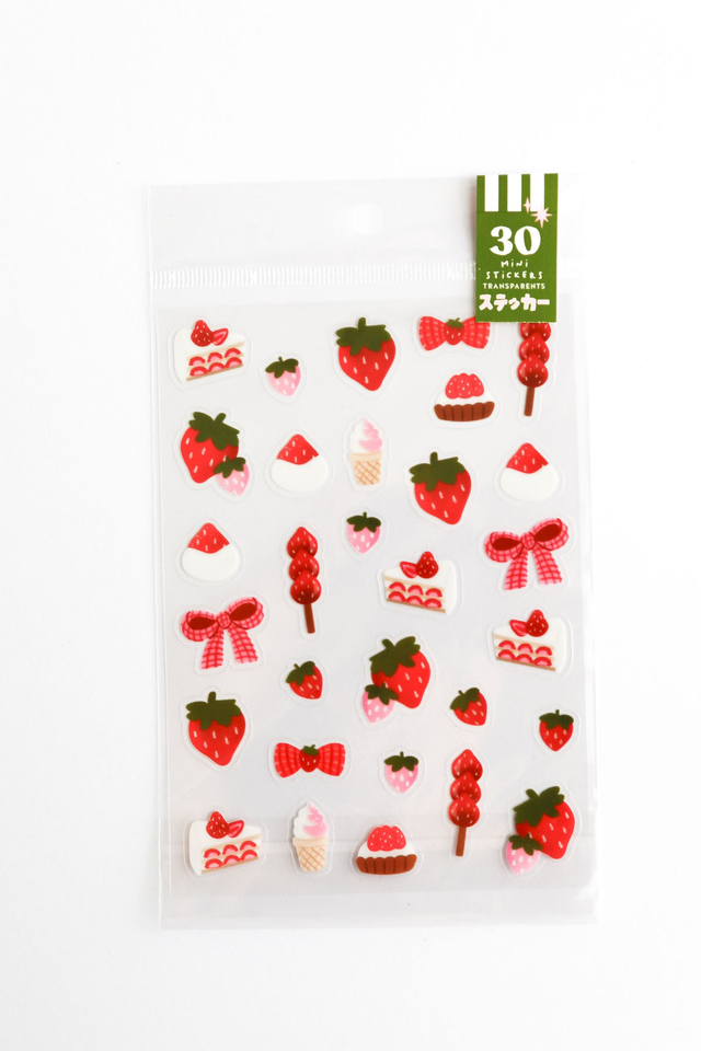  Planche de 30 mini stickers transparents Fraise