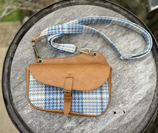 Tan Leather &amp; Blue Check Saddle Bag