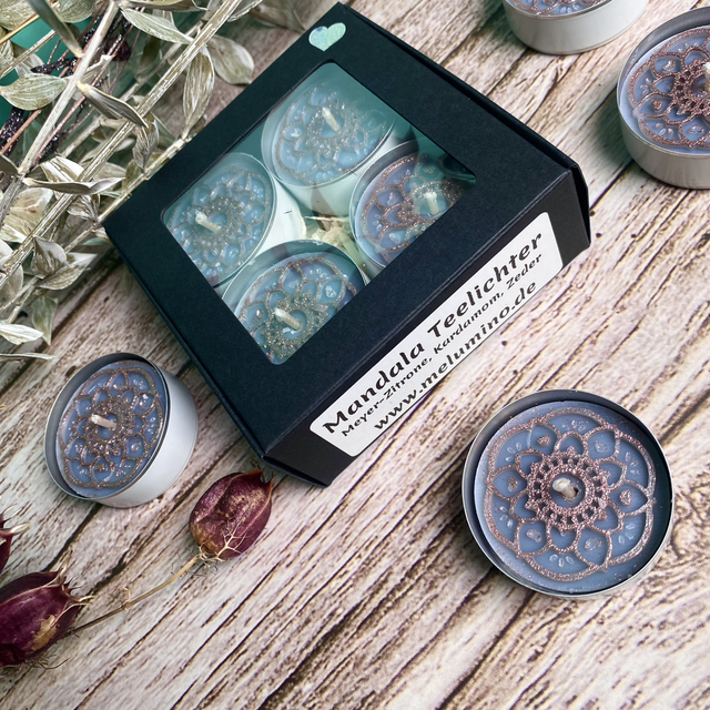 4er Set Mandala Teelichter grau Geschenkset Duft Meyer-Zitrone, Kardamom & Zeder