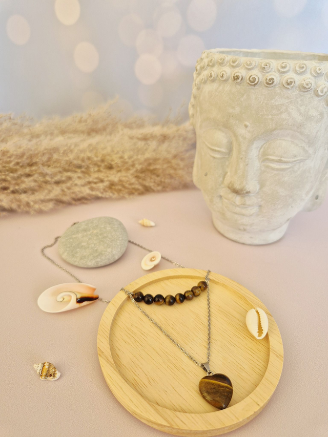 Collier SAVANA – Œil de Tigre naturel d’Afrique du Sud &amp; Cœur