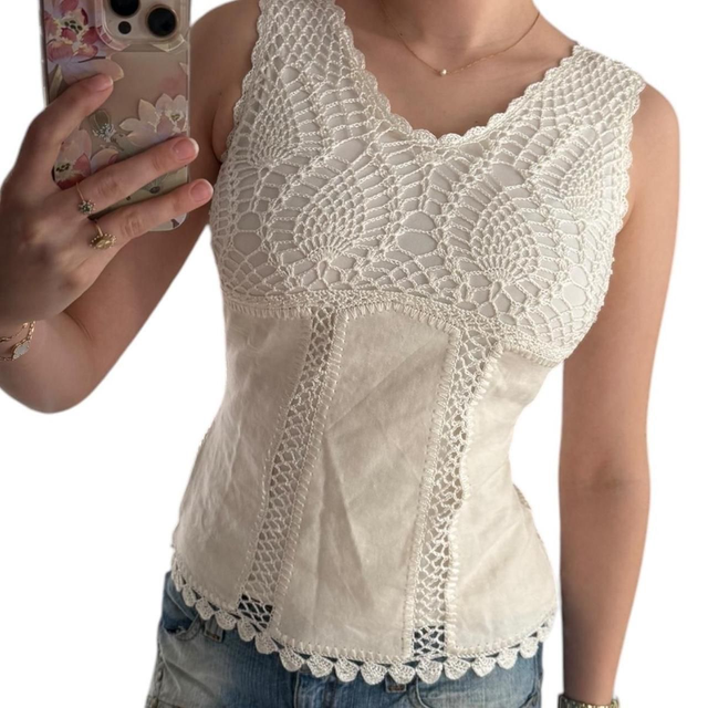 y2k crochet and cotton lined cami with beading 