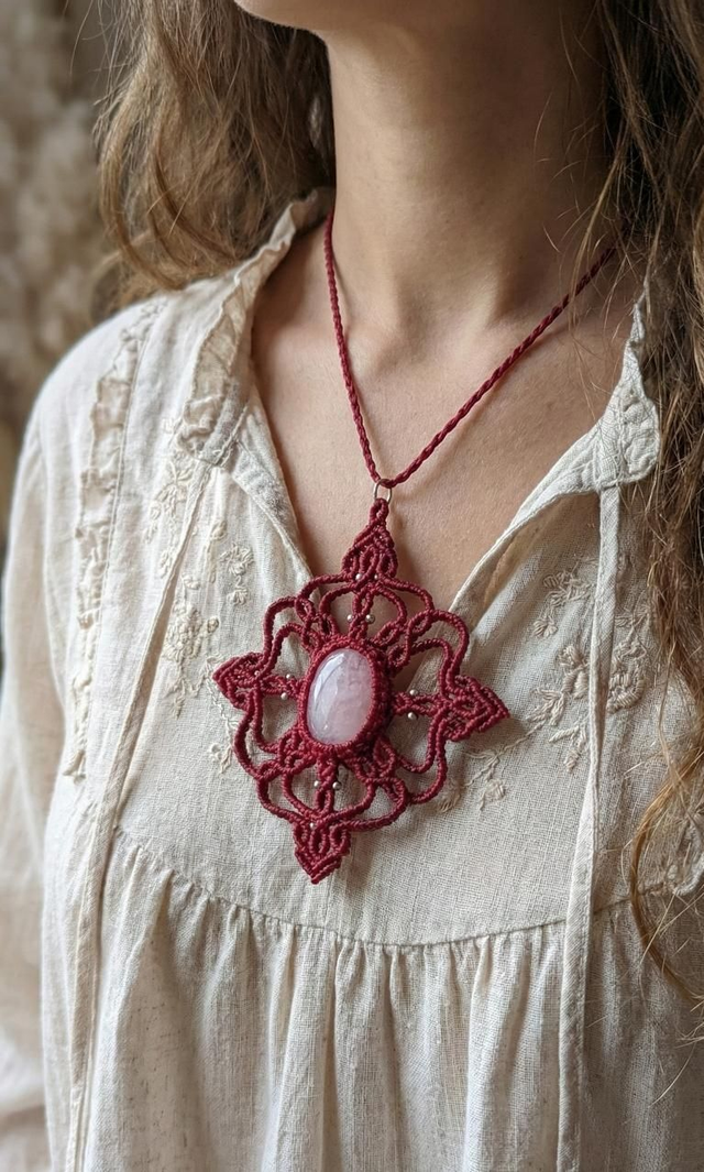 Colar em macramê com quartzo rosa