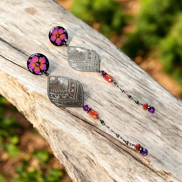 Boucles d'oreilles Flora violet orange