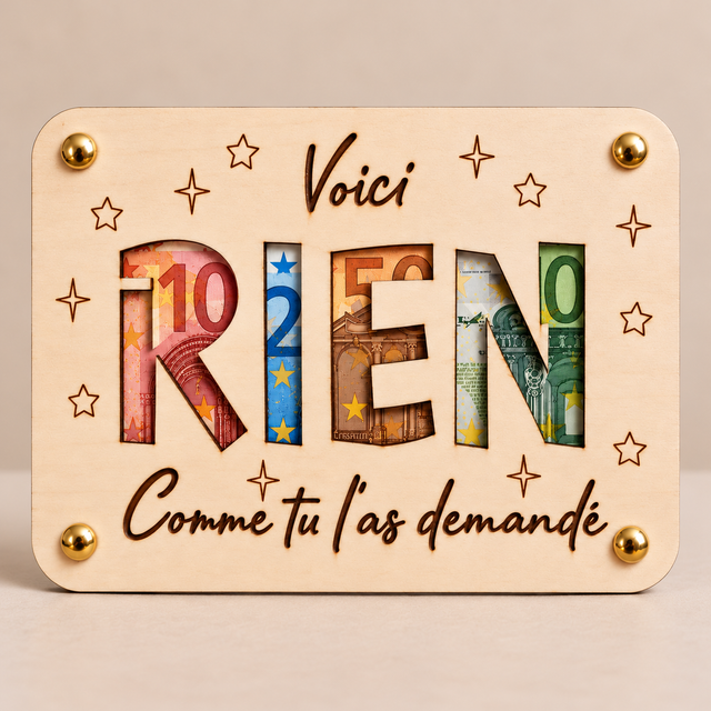 Carte porte billets en bois "Voici RIEN comme tu l'as demandé"