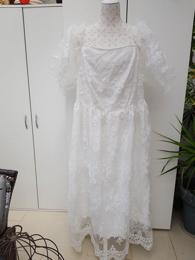 Robe De Mariée Civile Blanche Tulle Dentelles Manches Volants Taille 50