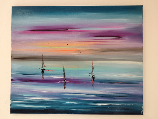 tableau Moderne abstrait - art contemporain - marine colorée bateaux voiliers