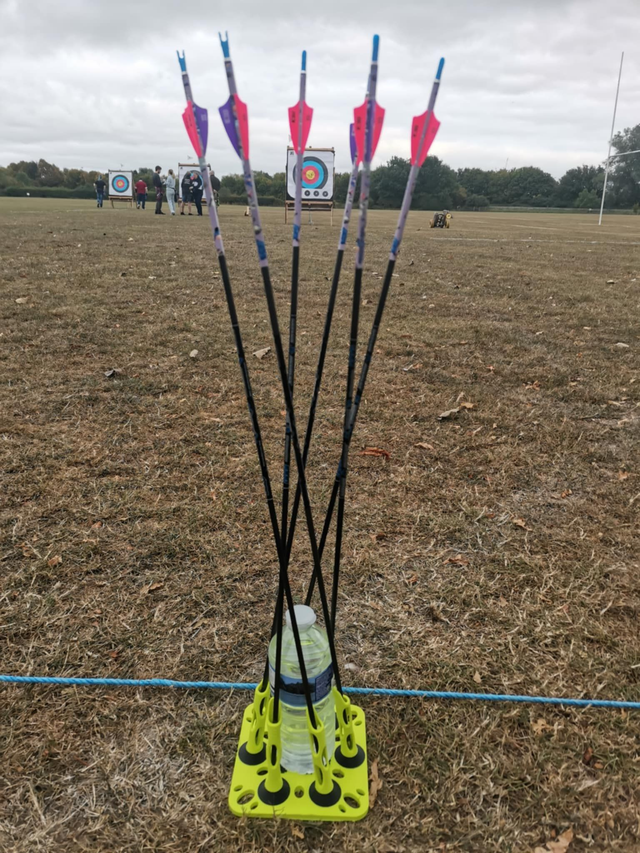 6 Arrow Fletching Stand/ Ground Quiver Blue to Pink and Black