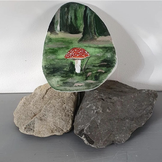 Flat Mushroom Paper Weight. Hand Painted In Acrylics