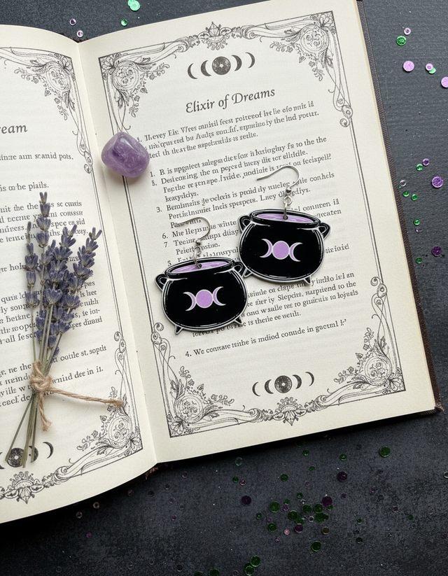 Boucles d'oreilles chaudrons de sorcière, avec motifs triple lune
