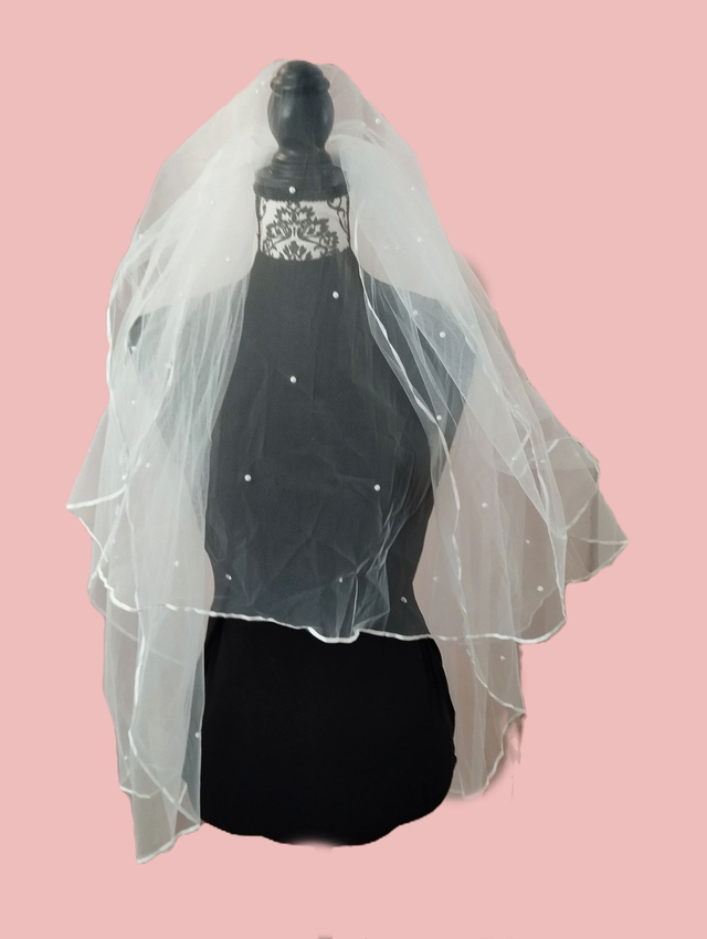 Voile de mariée tulle souple perlé court triple pans